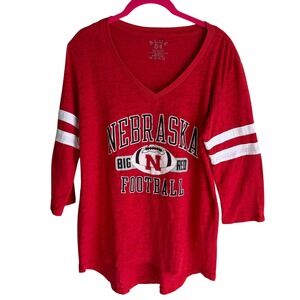 BLUE 84 Nebraska CorhHuskers Football 3/4 Sleeve Ladies Hi-Lo V-Neck Shirt, M